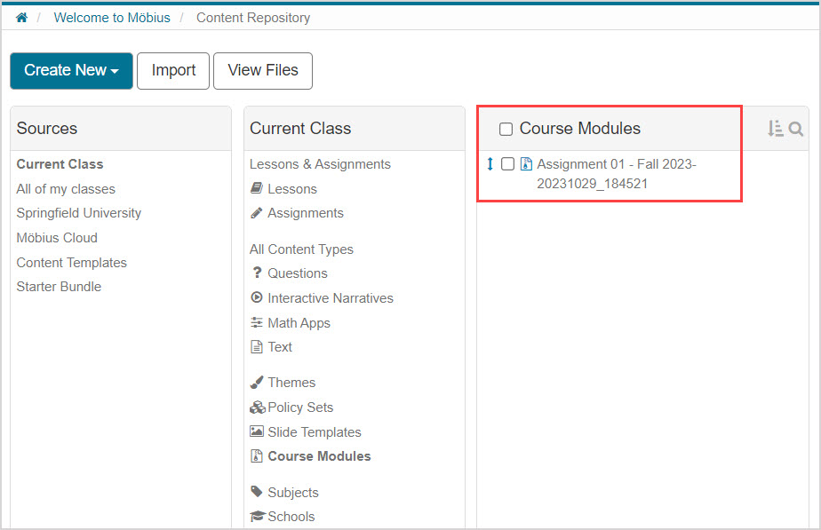 In the Content Repository under Course Modules, there is a new Course Module with the name Assignment 01 - Fall 2023.
